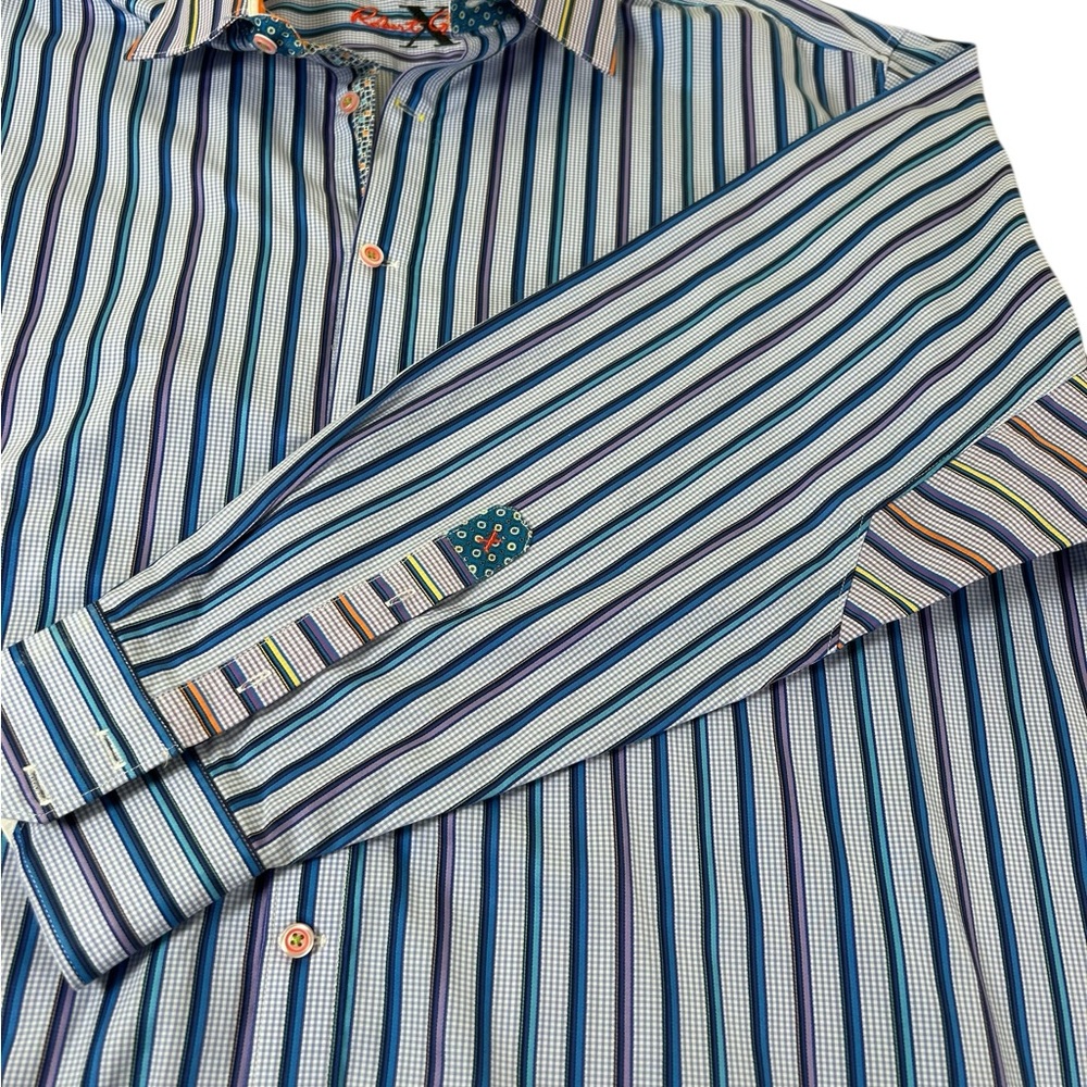 ROBERT GRAHAM Flip Cuff Striped Gingham Button Down Shirt Blue Purple 2XL - Picture 6 of 16